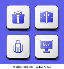 Set Gift box, Stacks paper money cash, POS terminal and Buy button icon. White square button. Vector