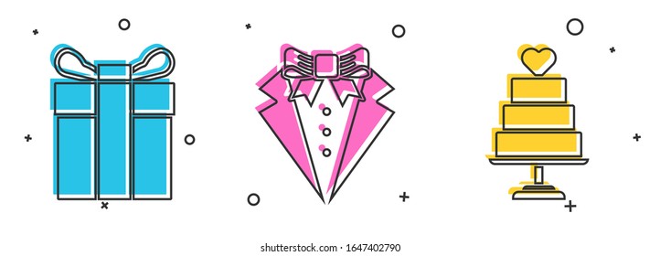 Set Gift box, Suit and Wedding cake with heart icon. Vector
