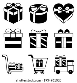 Set of gift box symbols. Pictogram for web. Line stroke. Present isolated on white background. Outline vector eps10