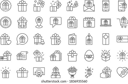 conjunto de iconos de la caja de regalo de la línea delgada, regalo de cumpleaños, regalo de navidad