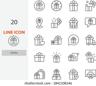 set of gift box thin line icons, present, birthday gift, christmas gift