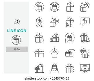 set of gift box thin line icons, present, birthday gift, christmas gift