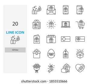 set of gift box thin line icons, birthday gift, celebration
