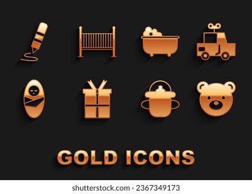 Set Gift box, Toy car, Teddy Oso juguete de peluche, Bebé botella, Nacido recién nacido bebé nadado, bañera, Crayón de cera para dibujar y cuna icono de la cama. Vector