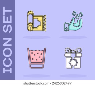 Set Caja de regalo, Alfombra tradicional, Vidrio con agua e icono de Wudhu. Vector