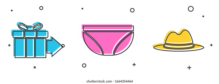 Set Gift box, Underwear and Man hat with ribbon icon. Vector