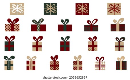 Set of gift box. Vector Illustration, Flat style. Craft collection of 20 decorative items. Christmas, New Year, Birthday