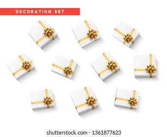 Set gift box white, with gold ribbon and bow. Realistic isolated different gift boxes. Flat lay, top view