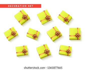 Set gift box yellow, with gold ribbon and bow. Realistic isolated different gift boxes. Flat lay, top view