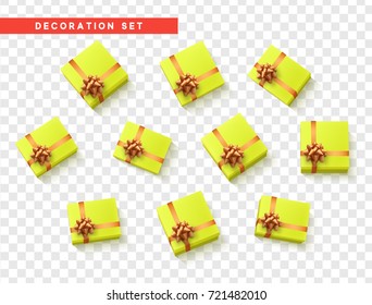 Set gift box yellow, with gold ribbon and bow. Realistic isolated different gift boxes. Flat lay, top view