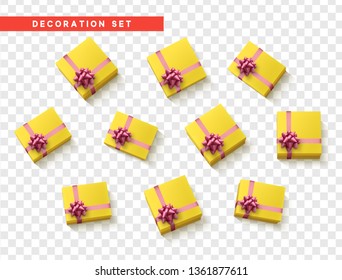 Set gift box yellow, ribbon and bow. Realistic isolated different gift boxes. Flat lay, top view