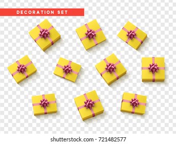 Set gift box yellow, ribbon and bow. Realistic isolated different gift boxes. Flat lay, top view