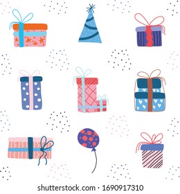 set of gift boxes and accessories for the holiday, vector illustration in cute childhood style