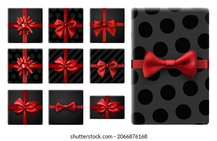 Set of gift boxes with beautiful bow. Striped, polka-dot, square and rectangular. Vector holiday illustration.