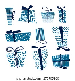 set of gift boxes in blue colors and different patterns