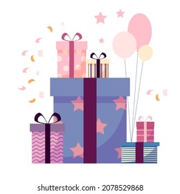 A set of gift boxes in blue tones. Balloons and confetti.