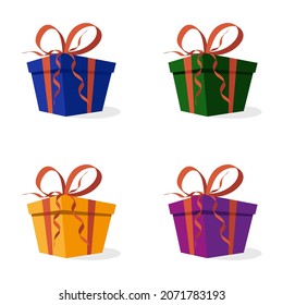 Set of gift boxes with bow and ribbons in vector. Blue, green, purple and yellow gift boxes, gift concept for birthday, new year or christmas