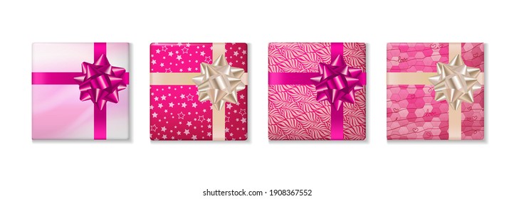 Set of gift boxes with bow for Valentines Day, birthday, holiday, Christmas, New Year, event, anniversary, wedding on white background. Collection of realistic gifts presents flat lay top view. Vector