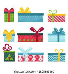 Set of gift boxes with bows. Bright, different boxes. Christmas gifts isolated on white background. Design elements for brochures, flyers, and postcards. Color vector illustration in flat style.