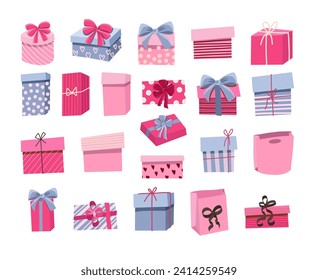 Set of gift boxes with bows and craft packaging in pink and purple shadows, paper boxes with ribbon isolated on white background, flat vector holiday clip art