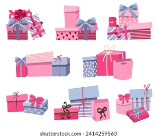 Conjunto de cajas de regalo con arcos y embalajes artesanales en sombras rosadas y violetas, cajas de papel con cinta aislada en fondo blanco, vectores planos material clip de vacaciones