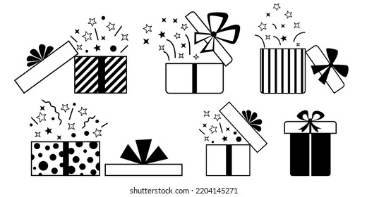 Set of gift boxes with bows and different patterns, in black colors, isolated on white background