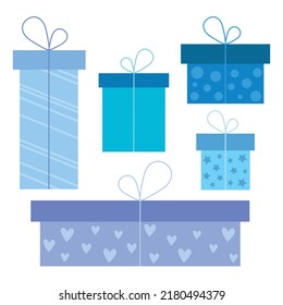 Set of gift boxes with bows. Gifts in blue colors for boys for birthday, for any holiday and party. Flat illustrations, holiday gifts with various prints on boxes, can be used as icons.