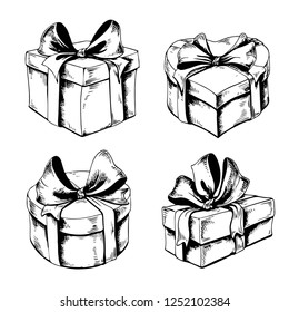 Set of gift boxes with bows. Hand drawn vector illustration isolated on white. 