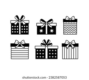 set of gift boxes with bows icon christmas, party, celebrations black white simple illustration vector collections design