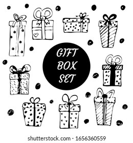 Se coloca con cajas de regalo con arcos y cintas.Imagen vectorial. Ilustración plana. Estilo festivo Doodle. Elementos para el diseño y la decoración de tarjetas, invitaciones, papel envolvente. Feliz cumpleaños, San Valentín 