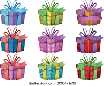 Conjunto De Cajas De Regalo Con Arcos Y Cintas Ilustración De Caricatura En Blanco