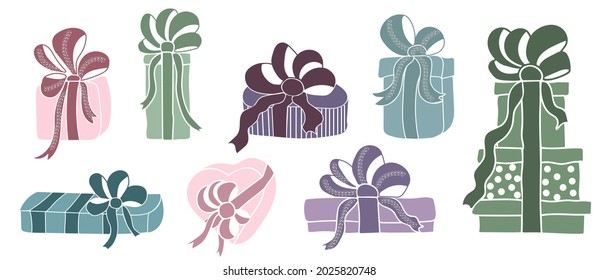 Set aus Geschenkbox mit Bögen und Bändern. handgezeichnete Vektorgrafik