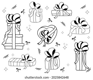Set of gift boxes with bows and ribbons. Hand drawn vector illustration