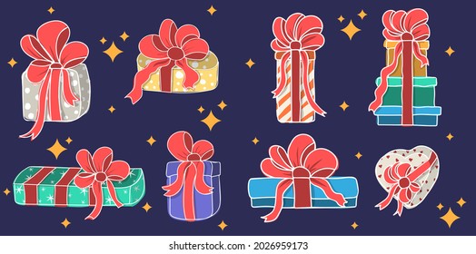 Conjunto de cajas de regalo con arcos y cintas. Ilustración vectorial dibujada por mano