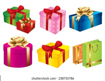 Set of gift boxes with bows and ribbons.