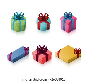 Set of gift boxes with bows and ribbons. Isometric illustration on white background. 3D realistic icons. Vector