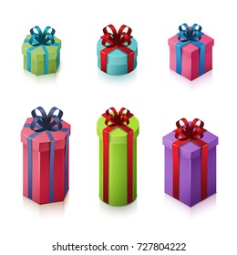 Set of gift boxes with bows and ribbons. Isometric illustration on white background. 3D realistic icons. Vector