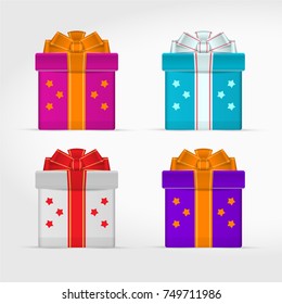 Set of Gift Boxes with Bows and Ribbons in Different Colors. Vector illustration.