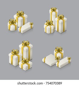 Set of gift boxes with bows and ribbons. Isometric illustration on white background. 3D realistic icons. Vector