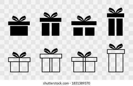Set of gift boxes. Gift box collection with ribbons. Christmas gift icons isolated on transparent background. Vector illustration EPS 10.