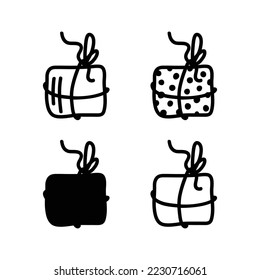 Set of gift boxes in cartoon style. Silhouette of a gift with a twine bandage. Outline black and white graphics. Wrapped gifts for new year, christmas or birthday.