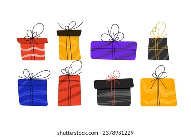 A set of gift boxes. For Christmas, birthday, New Year. Flat style. Cute and elegant red and yellow boxes. Strict and stylish - blue and black. For guests, postcards.