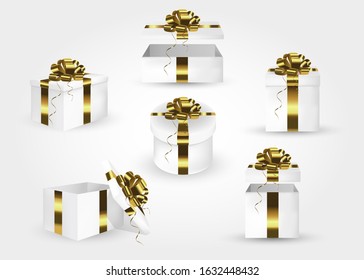 Set of gift boxes. Collection of 3d gift boxes with  gold satin bows