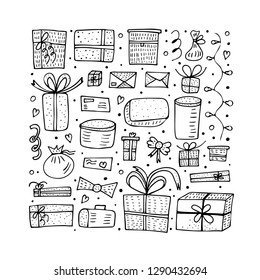 Set of gift boxes. Collection of holiday presents in doodle style. Black and white design poster. Vector illustration.