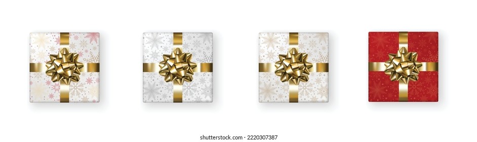 Set of gift boxes. Collection of realistic gift boxes. Flat lay, top view.