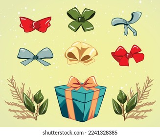 set of gift boxes, Colorful present collection for birthday or Christmas. Boxes with ribbon and bow. Winter flowers