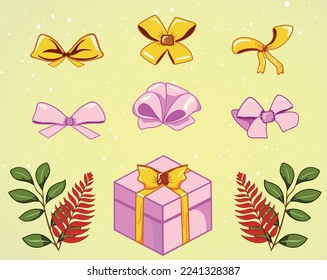 Geschenkbox, bunte Geschenksammlung zum Geburtstag oder Weihnachten. Boxen mit Band und Bogen. Winterblumen