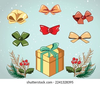 Geschenkbox, bunte Geschenksammlung zum Geburtstag oder Weihnachten. Boxen mit Band und Bogen. Winterblumen