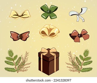 set of gift boxes, Colorful present collection for birthday or Christmas. Boxes with ribbon and bow. Winter flowers