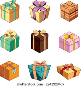 Geschenkbox, bunte Geschenksammlung zum Geburtstag oder Weihnachten. Boxen mit Band und Bogen. Winterblumen
